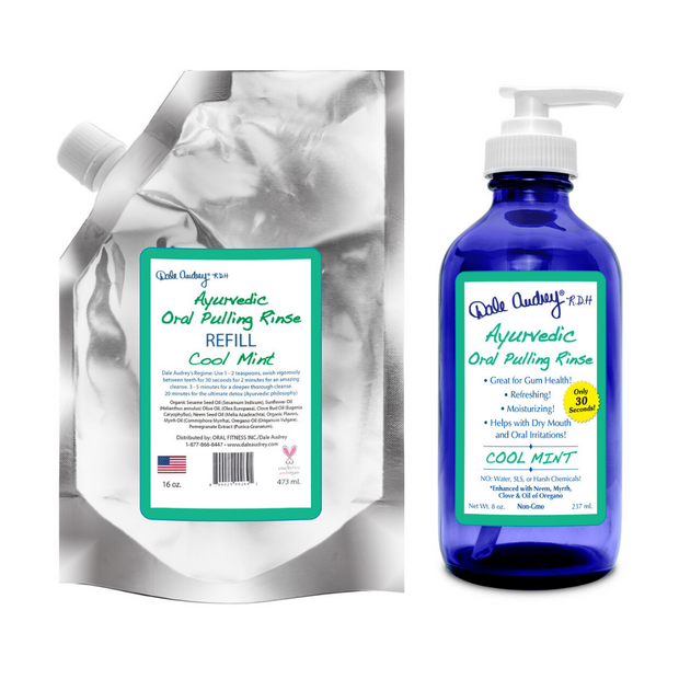 Ayurvedic Pulling Rinse Refill Pouch 16oz with Cobalt Glass Bottle and Pump - Dale Audrey R.D.H.